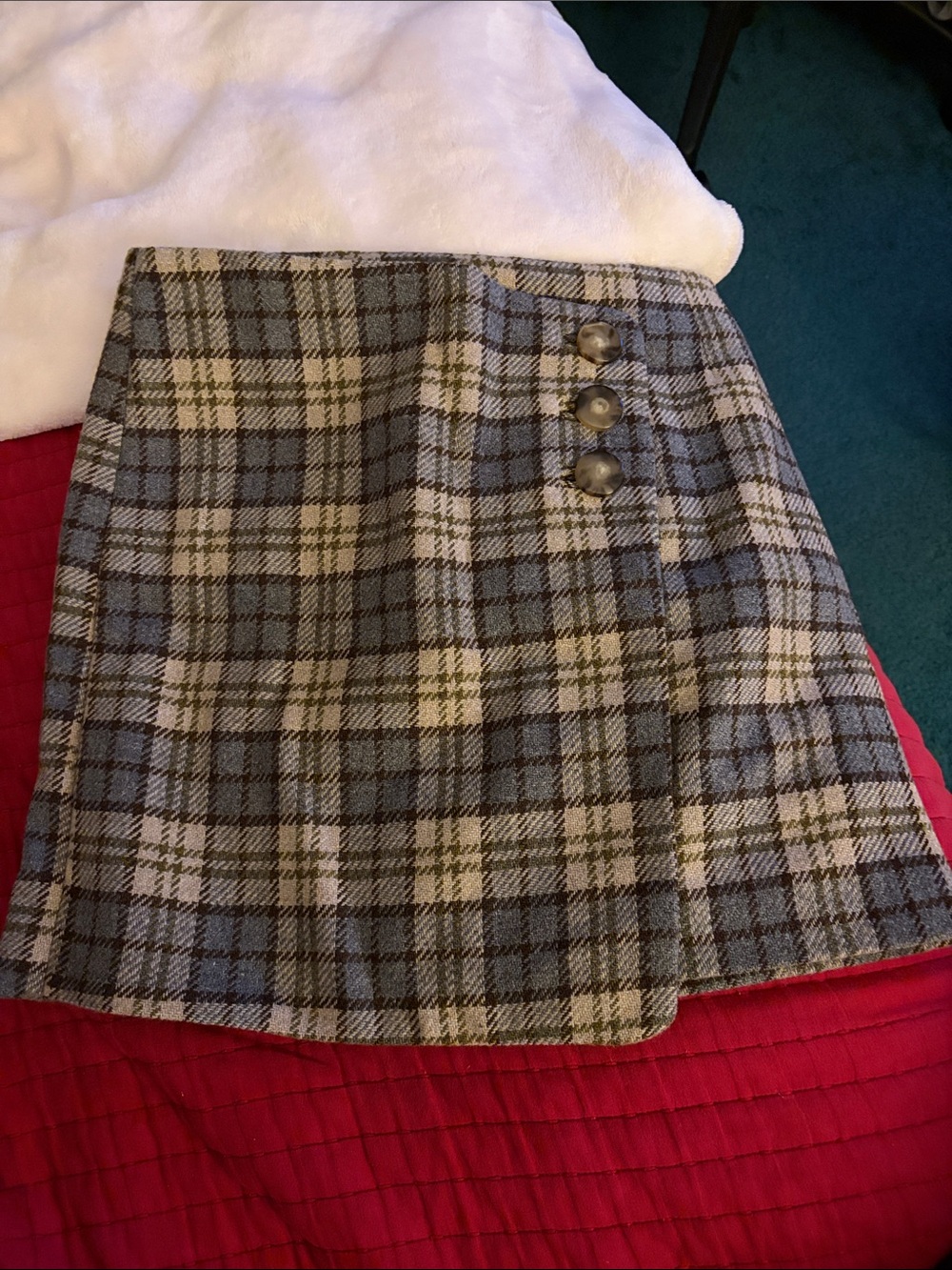 Sezane Blue and Gray Plaid Mini Skirt with Side Buttons
